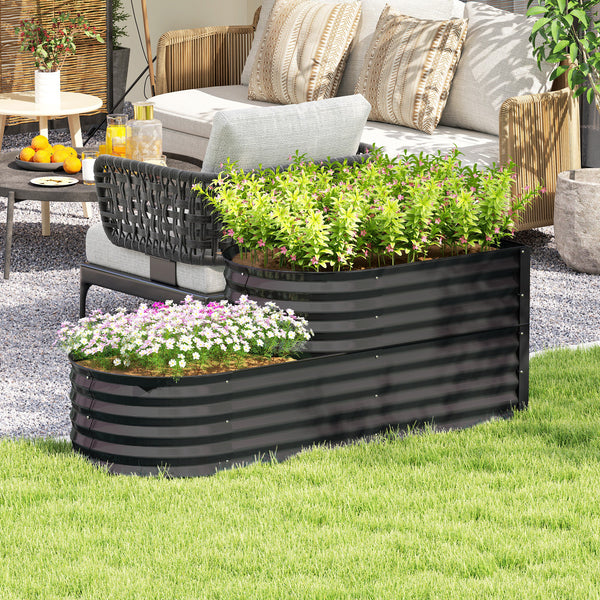 2-Tier Raised Garden Bed, Outdoor Galvanised Planter Box with Safety Edging and Gloves, Metal Raised Bed with Open Bottom for Vegetables, Flowers, Fruits and Herbs, Dark Grey