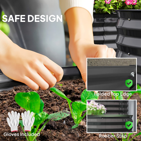 2-Tier Raised Garden Bed, Outdoor Galvanised Planter Box with Safety Edging and Gloves, Metal Raised Bed with Open Bottom for Vegetables, Flowers, Fruits and Herbs, Dark Grey