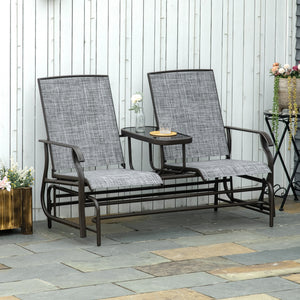 Outdoor Glider Bench with Table, Patio Loveseat for 2 Persons, Garden Glider Rocking Chair with Breathable Mesh Fabric, Grey