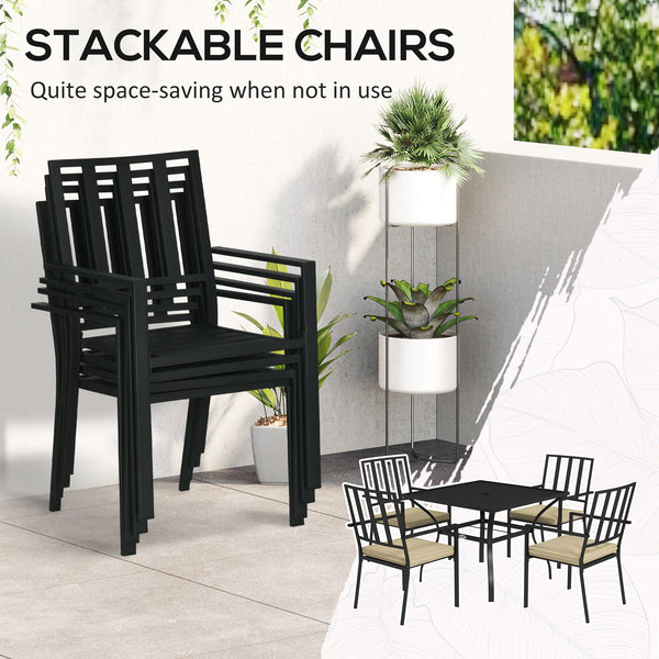 5 Pieces Garden Dining Set with Cushions, Outdoor Patio Table and 4 Stackable Chairs, Metal Top Table with Umbrella Hole, Black