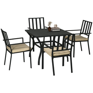 5 Pieces Garden Dining Set with Cushions, Outdoor Patio Table and 4 Stackable Chairs, Metal Top Table with Umbrella Hole, Black