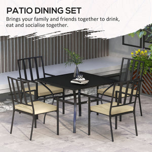 5 Pieces Garden Dining Set with Cushions, Outdoor Patio Table and 4 Stackable Chairs, Metal Top Table with Umbrella Hole, Black