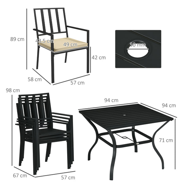 5 Pieces Garden Dining Set with Cushions, Outdoor Patio Table and 4 Stackable Chairs, Metal Top Table with Umbrella Hole, Black