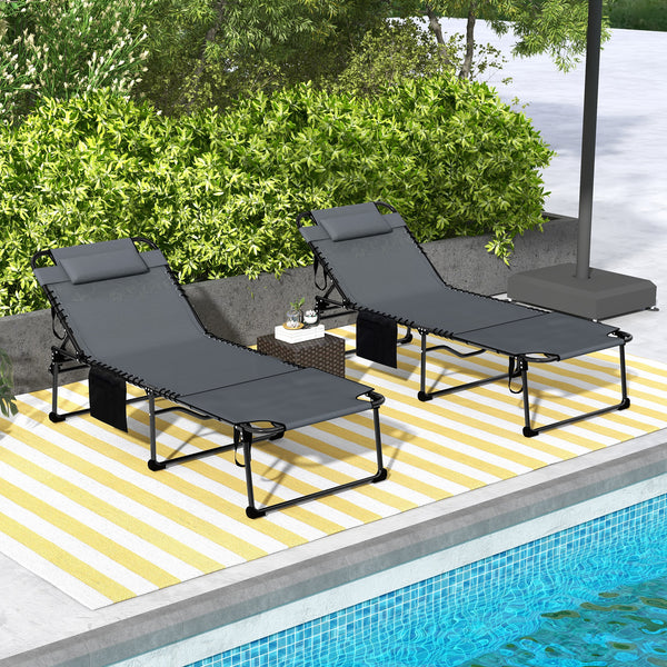 2 Piece Folding Chaise Lounge with 5-level Reclining Back, Tanning Chair with Face Hole, Outdoor Lounge Chair with Side Pocket & Headrest for Beach, Yard, Patio, Gray