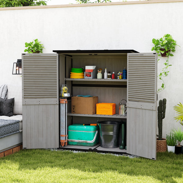 Outdoor Storage Cabinet, Wood Garden Tool Shed with Lock, Steel Frame and Asphalt Roof, Garden Storage Shed with Adjustable Shelves and Feet for Patio Backyard Lawn, Gray