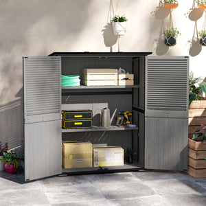 Outdoor Storage Cabinet, Wood Garden Tool Shed with Lock, Steel Frame and Asphalt Roof, Garden Storage Shed with Adjustable Shelves and Feet for Patio Backyard Lawn, Gray