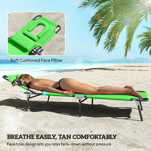 2PCS Adjustable Outdoor Lounge Chair, Garden Folding Chaise Lounge with Face Hole Reclining Tanning Chair Seat, Folding Camping Beach Lounging Bed w/ Head Support, Green