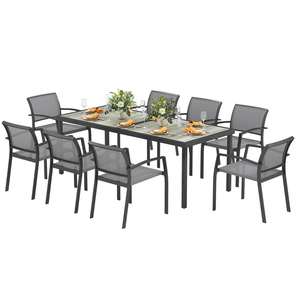 9 Pieces Patio Dining Set, Outdoor Dining Set with Easy Clean Tabletop & Stackable Breathable Chairs, Patio Table and Chairs Set for Backyard, Garden, Poolside