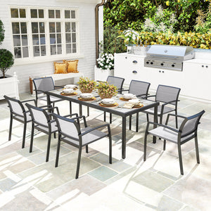 9 Pieces Patio Dining Set, Outdoor Dining Set with Easy Clean Tabletop & Stackable Breathable Chairs, Patio Table and Chairs Set for Backyard, Garden, Poolside