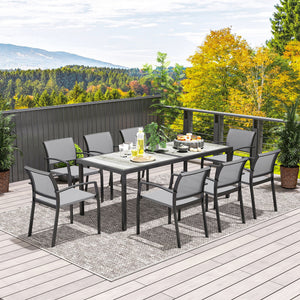 9 Pieces Patio Dining Set, Outdoor Dining Set with Easy Clean Tabletop & Stackable Breathable Chairs, Patio Table and Chairs Set for Backyard, Garden, Poolside