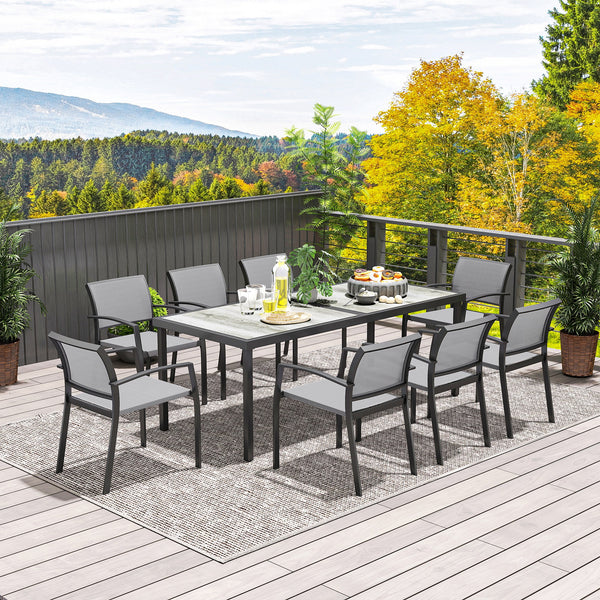 9 Pieces Patio Dining Set, Outdoor Dining Set with Easy Clean Tabletop & Stackable Breathable Chairs, Patio Table and Chairs Set for Backyard, Garden, Poolside