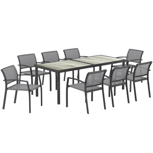 9 Pieces Patio Dining Set, Outdoor Dining Set with Easy Clean Tabletop & Stackable Breathable Chairs, Patio Table and Chairs Set for Backyard, Garden, Poolside