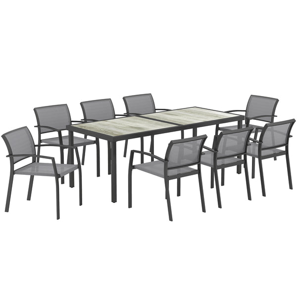 9 Pieces Patio Dining Set, Outdoor Dining Set with Easy Clean Tabletop & Stackable Breathable Chairs, Patio Table and Chairs Set for Backyard, Garden, Poolside