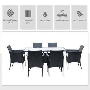7 Pieces Patio Dining Set, Wicker Outdoor Furniture Set with Removable Cushions, Glass Top Dining Table, Rattan Patio Table and Chairs for Garden Poolside Backyard, Black