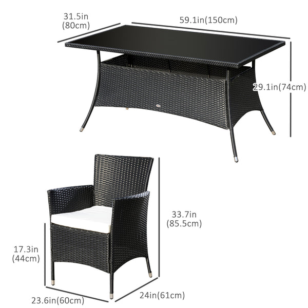7 Pieces Patio Dining Set, Wicker Outdoor Furniture Set with Removable Cushions, Glass Top Dining Table, Rattan Patio Table and Chairs for Garden Poolside Backyard, Black