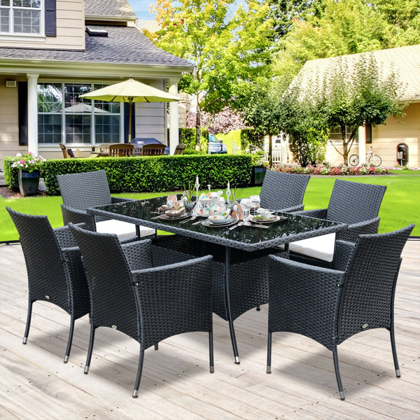 7 Pieces Patio Dining Set, Wicker Outdoor Furniture Set with Removable Cushions, Glass Top Dining Table, Rattan Patio Table and Chairs for Garden Poolside Backyard, Black