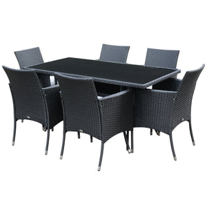 7 Pieces Patio Dining Set, Wicker Outdoor Furniture Set with Removable Cushions, Glass Top Dining Table, Rattan Patio Table and Chairs for Garden Poolside Backyard, Black