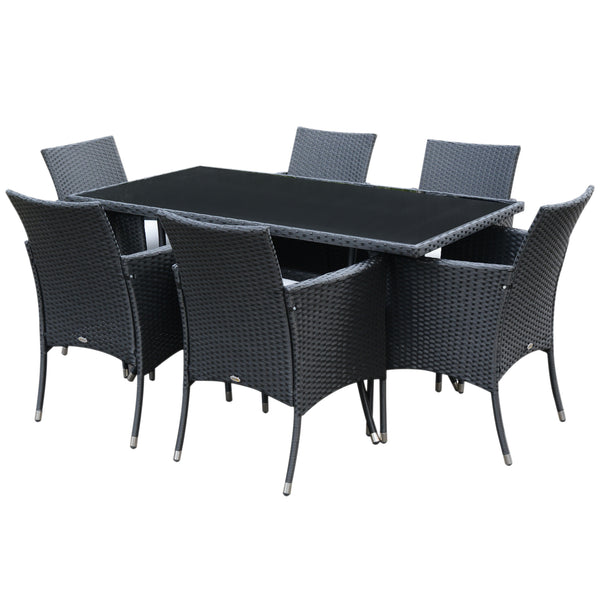 7 Pieces Patio Dining Set, Wicker Outdoor Furniture Set with Removable Cushions, Glass Top Dining Table, Rattan Patio Table and Chairs for Garden Poolside Backyard, Black