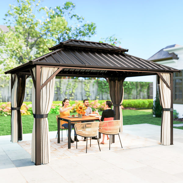 10' x 14' Hardtop Gazebo with UPF50+ Double Galvanized Steel Roof Canopy, Aluminum Frame Permanent Outdoor Gazebo with Curtains and Netting, Ceiling Hooks, Brown