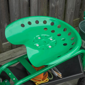 Garden Scooter, Rolling Cart with Swivel and Adjustable Seat, Tool Tray, Bucket Basket, Green and Black