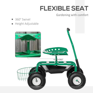 Garden Scooter, Rolling Cart with Swivel and Adjustable Seat, Tool Tray, Bucket Basket, Green and Black