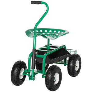 Garden Scooter, Rolling Cart with Swivel and Adjustable Seat, Tool Tray, Bucket Basket, Green and Black