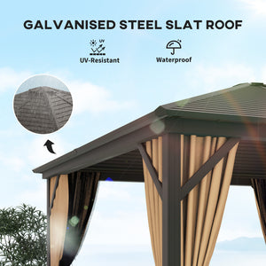 10' x 10' Hardtop Gazebo Outdoor Gazebo Canopy with Mosquito Netting, Curtains, Hanging Hook and Aluminum Frame, Brown