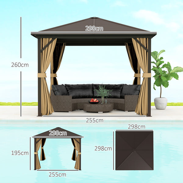 3 x 3 m Hardtop Gazebo with Netting and Curtains, Garden Gazebo Canopy Shelter with Metal Roof, Aluminium Frame, for Garden, Deck, Bronze Tone