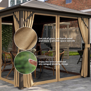 3 x 3 m Hardtop Gazebo with Netting and Curtains, Garden Gazebo Canopy Shelter with Metal Roof, Aluminium Frame, for Garden, Deck, Bronze Tone