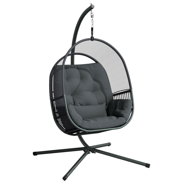 Hanging Egg Chair Outdoor Indoor, Swing Hammock Chair with Stand, Cushions, Lumbar Pillow, Adjustable Height and Steel Frame for Garden Patio Lounge Porch, Dark Grey