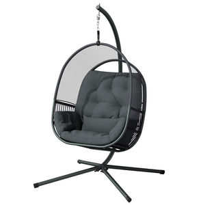 Hanging Egg Chair Outdoor Indoor, Swing Hammock Chair with Stand, Cushions, Lumbar Pillow, Adjustable Height and Steel Frame for Garden Patio Lounge Porch, Dark Grey