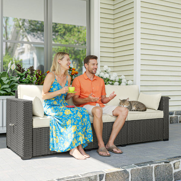 3 Seater Wicker Outdoor Sofa with Side Tray Tables, Poly Rattan Patio Sofa Couch with 6" Thick Back Cushions, Outdoor Couch with Deep Seat, Pillows for Garden, Cream White