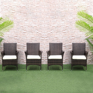 4 Pieces Outdoor PE Rattan Dining Chairs Set with Cushion, Garden Armchair with Armrests, High Backrest, Metal Frame Patio Wicker Furniture, Deep Coffee