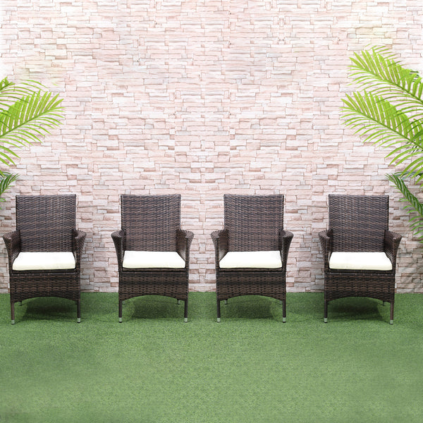 4 Pieces Outdoor PE Rattan Dining Chairs Set with Cushion, Garden Armchair with Armrests, High Backrest, Metal Frame Patio Wicker Furniture, Deep Coffee