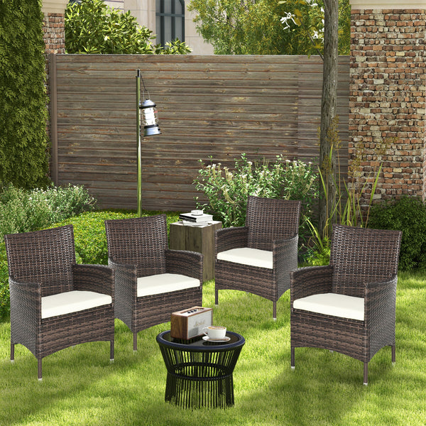 4 Pieces Outdoor PE Rattan Dining Chairs Set with Cushion, Garden Armchair with Armrests, High Backrest, Metal Frame Patio Wicker Furniture, Deep Coffee