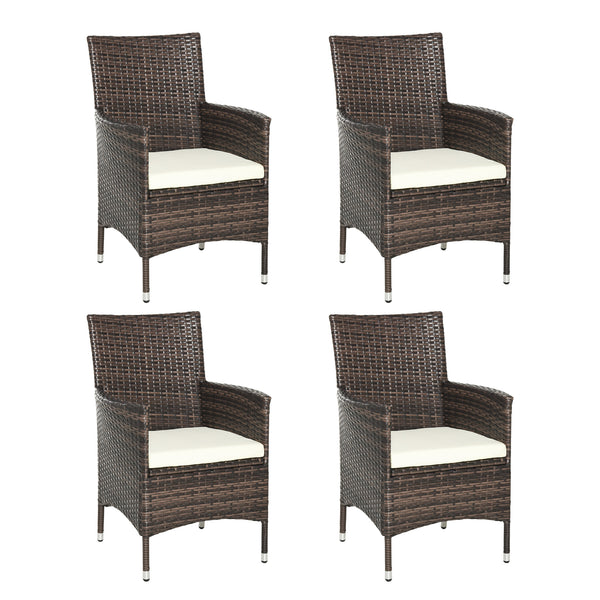 4 Pieces Outdoor PE Rattan Dining Chairs Set with Cushion, Garden Armchair with Armrests, High Backrest, Metal Frame Patio Wicker Furniture, Deep Coffee