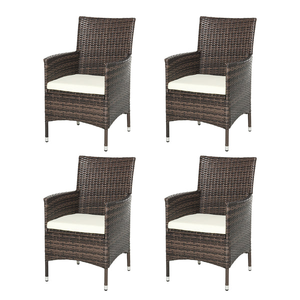 4 Pieces Outdoor PE Rattan Dining Chairs Set with Cushion, Garden Armchair with Armrests, High Backrest, Metal Frame Patio Wicker Furniture, Deep Coffee