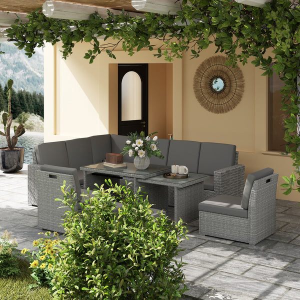 10 Seater Rattan Dining Set with Expandable Table and Nesting Chairs, Rattan Garden Furniture Set with Cushions, Outdoor Dining Table and Chairs, Sectional Corner Sofa Set, Light Grey