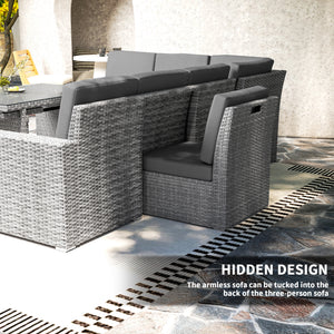 10 Seater Rattan Dining Set with Expandable Table and Nesting Chairs, Rattan Garden Furniture Set with Cushions, Outdoor Dining Table and Chairs, Sectional Corner Sofa Set, Light Grey