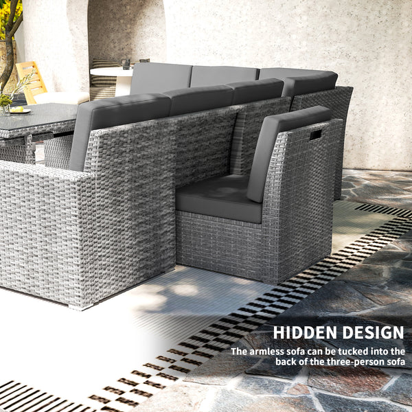 10 Seater Rattan Dining Set with Expandable Table and Nesting Chairs, Rattan Garden Furniture Set with Cushions, Outdoor Dining Table and Chairs, Sectional Corner Sofa Set, Light Grey