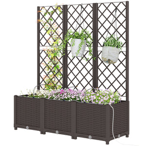 3PCS Plastic Planter Box with Trellis, Self-Watering Raised Garden Bed with Trellis and Automatic Watering Timer Kit, Outdoor Raised Planter with Drainage Holes, Plugs and Water Reservoir
