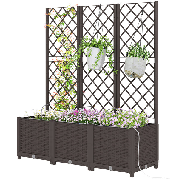 3PCS Plastic Planter Box with Trellis, Self-Watering Raised Garden Bed with Trellis and Automatic Watering Timer Kit, Outdoor Raised Planter with Drainage Holes, Plugs and Water Reservoir