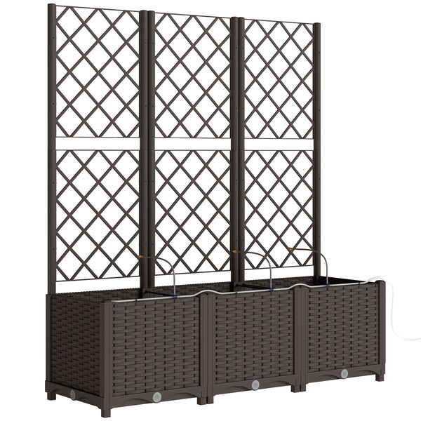 3PCS Plastic Planter Box with Trellis, Self-Watering Raised Garden Bed with Trellis and Automatic Watering Timer Kit, Outdoor Raised Planter with Drainage Holes, Plugs and Water Reservoir