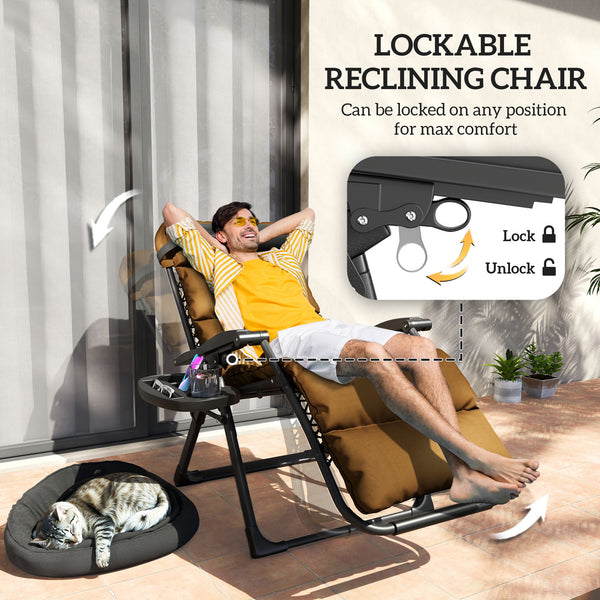 Zero Gravity Chairs Set of 2, Folding Reclining Garden Chair, Outdoor Sun Lounger with Cushion, Garden Recliner Chairs with Headrest and Cup Phone Holder Tray for Beach, Brown