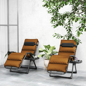 Zero Gravity Chairs Set of 2, Folding Reclining Garden Chair, Outdoor Sun Lounger with Cushion, Garden Recliner Chairs with Headrest and Cup Phone Holder Tray for Beach, Brown