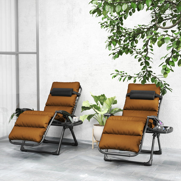 Zero Gravity Chairs Set of 2, Folding Reclining Garden Chair, Outdoor Sun Lounger with Cushion, Garden Recliner Chairs with Headrest and Cup Phone Holder Tray for Beach, Brown