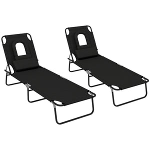 2PCS Adjustable Outdoor Lounge Chair, Garden Folding Chaise Lounge with Face Hole Reclining Tanning Chair Seat, Folding Camping Beach Lounging Bed w/ Head Support, Black