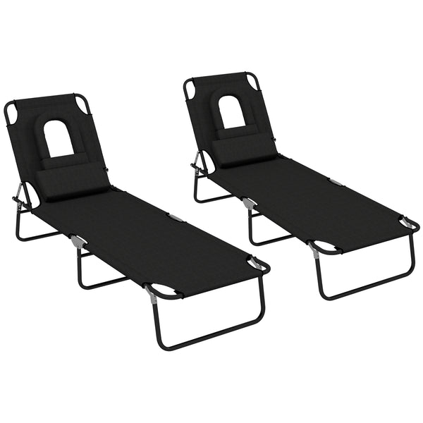 2PCS Adjustable Outdoor Lounge Chair, Garden Folding Chaise Lounge with Face Hole Reclining Tanning Chair Seat, Folding Camping Beach Lounging Bed w/ Head Support, Black