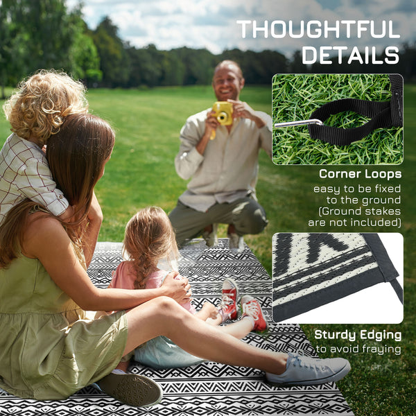 Portable Outdoor Rug with Carry Bag, 8' x 10' Reversible Mat, Waterproof Plastic Straw RV Rug for Backyard, Deck, Picnic, Beach, Camping, Grey and Cream White Boho