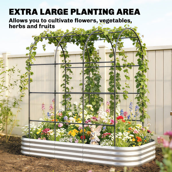 Galvanised Raised Garden Bed with Arched Trellis, 7 x 4 x 7ft Metal Outdoor Planter Box with Open Bottom Design, Modular Raised Bed with Gloves, Easy Assembly, Silver